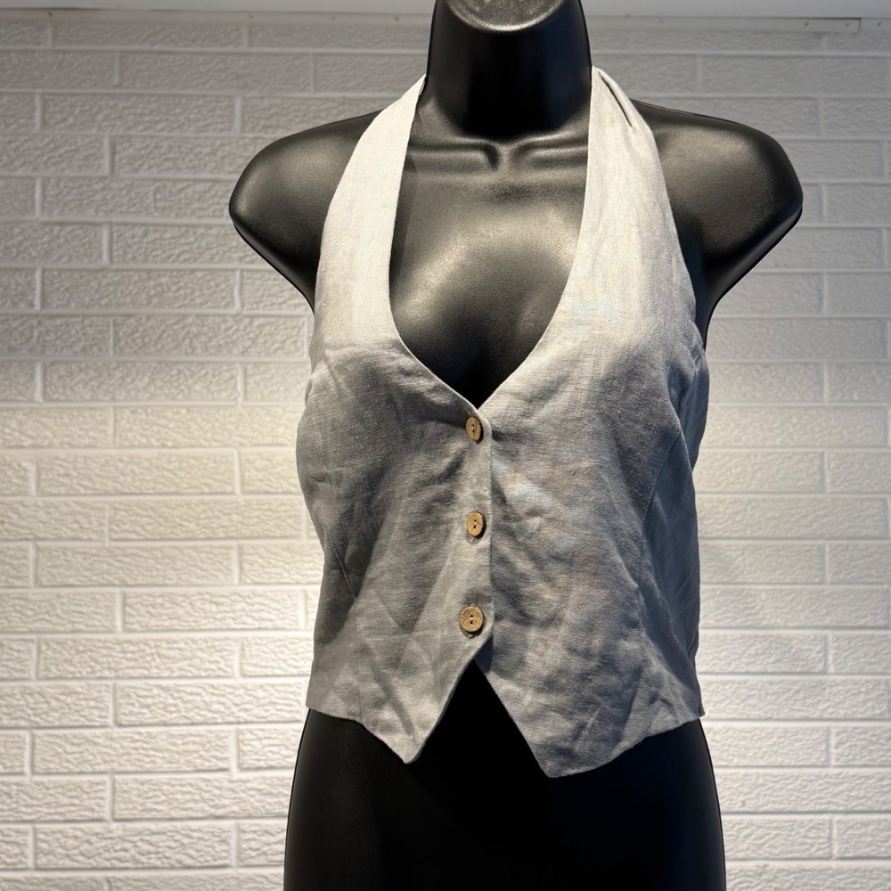 Love Tree Womens Halter‎ Top Gray Linen Blend Smocked Vest Sleeveless M